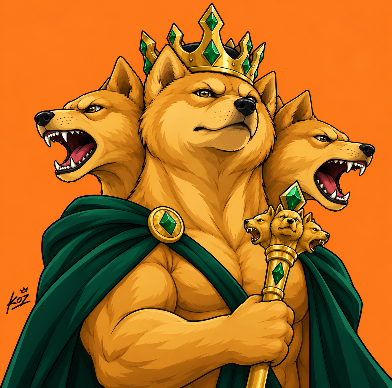 Three-headed DOWGE holding a scepter on orange