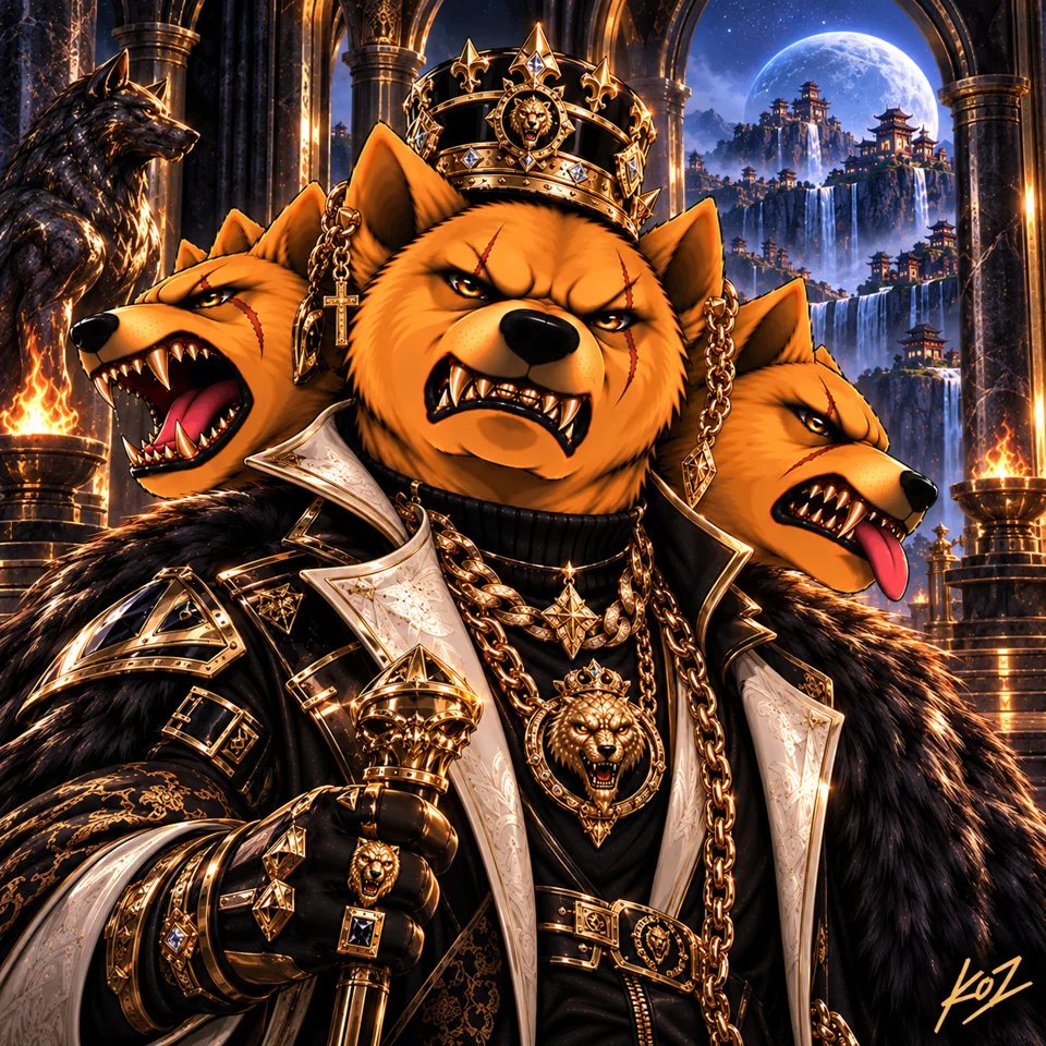 DOWGE three-headed mascot NFT artwork variation 4